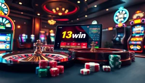 13win offers an exhilarating online gambling experience with vibrant casino elements like roulette and poker chips.
