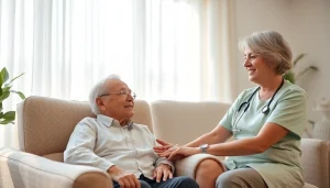 Elderly in home care near me showcasing a compassionate caregiver interacting with a senior in a warm living room.
