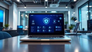 在现代笔记本电脑上显示的快连下载界面，展示先进的 VPN 功能与网络连接性。