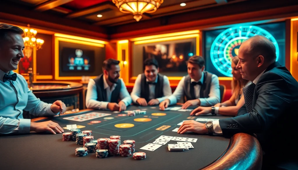 Gamblers engage intensely at a casino table while enjoying MV88 audio clarity of the excitement around.