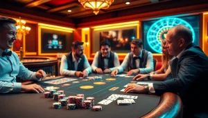 Gamblers engage intensely at a casino table while enjoying MV88 audio clarity of the excitement around.