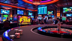 F168 slot machine amidst vibrant casino atmosphere filled with excitement and luxury.