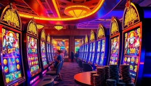 Slot Zeus machines bathed in vibrant lights as players enjoy a thrilling casino experience.