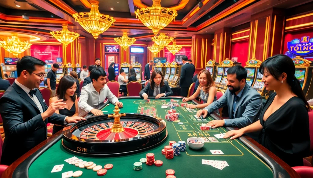 Experience the excitement of Đăng Ký Nhà Cái 68VIP with vibrant casino tables and a thrilling betting atmosphere.
