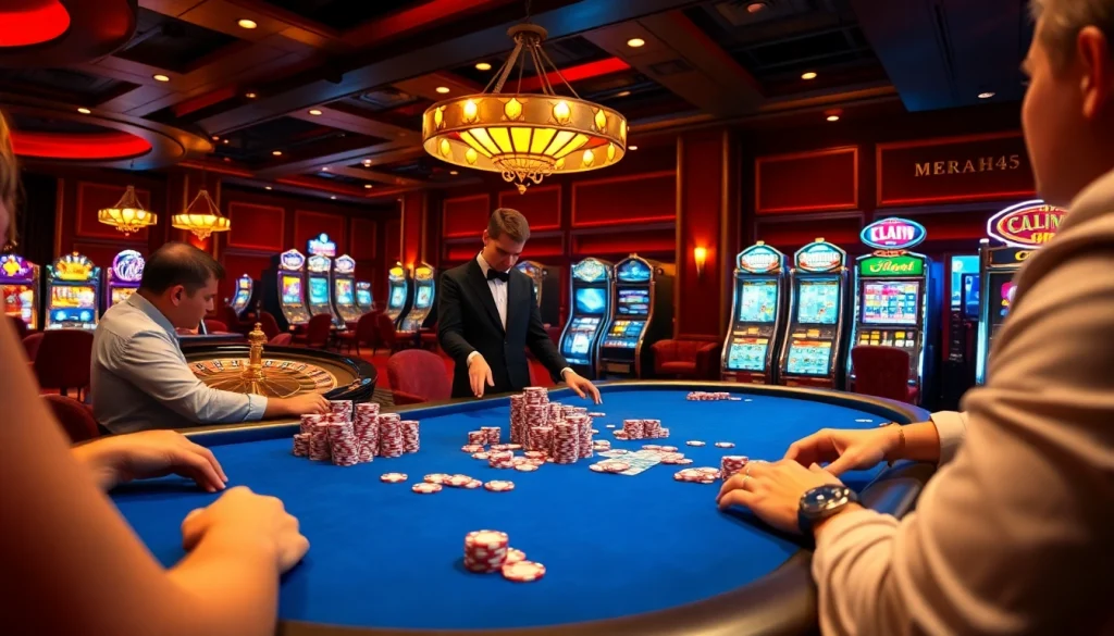 Players enjoying a thrilling poker game at MERAH45 casino with vibrant chips and roulette wheel.
