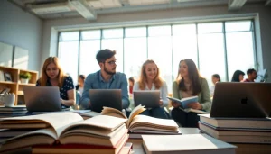 Students collaborating for exam help in a bright study environment with laptops and books.