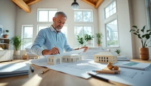 New England residential architect drafting innovative home designs in a bright studio setting.