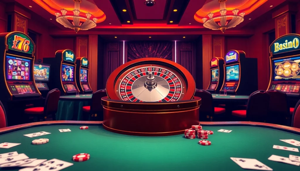 Participez à un gameplay palpitant dans un casino en ligne avec des machines à sous vibrantes et une roue de roulette luxueuse.