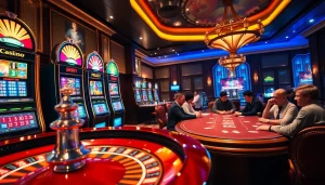 Scène de casino en ligne avec des machines à sous vibrantes et une mise en place excitante de jeu de poker.