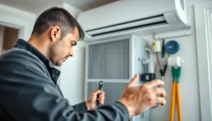 Technician inspecting heating and cooling services equipment in a residential utility room.