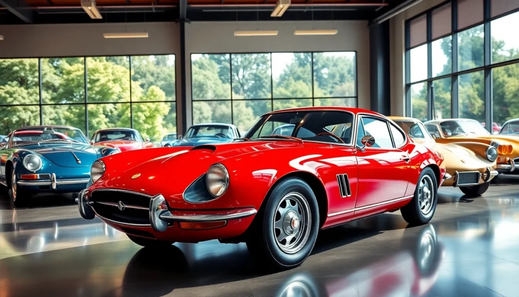 Showcase of PRA Classic Cars featuring gleaming vintage vehicles in a stylish showroom.