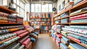 Bedrukte stoffen kopen in een kleurrijke winkel met diverse ontwerpen.