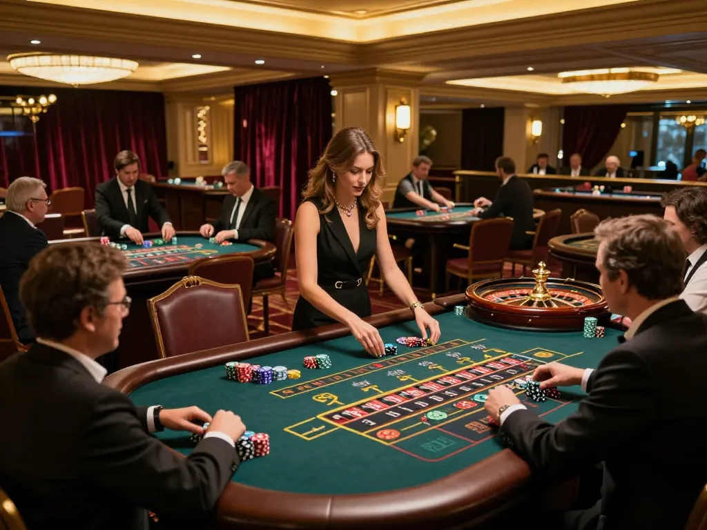 Engaged players strategizing at https://13win-asia.com/ Roulette tables in an upscale casino.