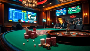 KG88 gamblers placing bets at a luxurious casino table, excitement in the air.