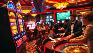 Suasana kasino yang seru di jmacdonaldphoto.com dengan para pemain merayakan kemenangan jackpot.