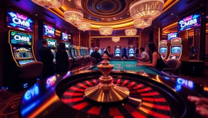 CM88 players engaging at a luxurious casino table with vibrant chips and roulette wheel.