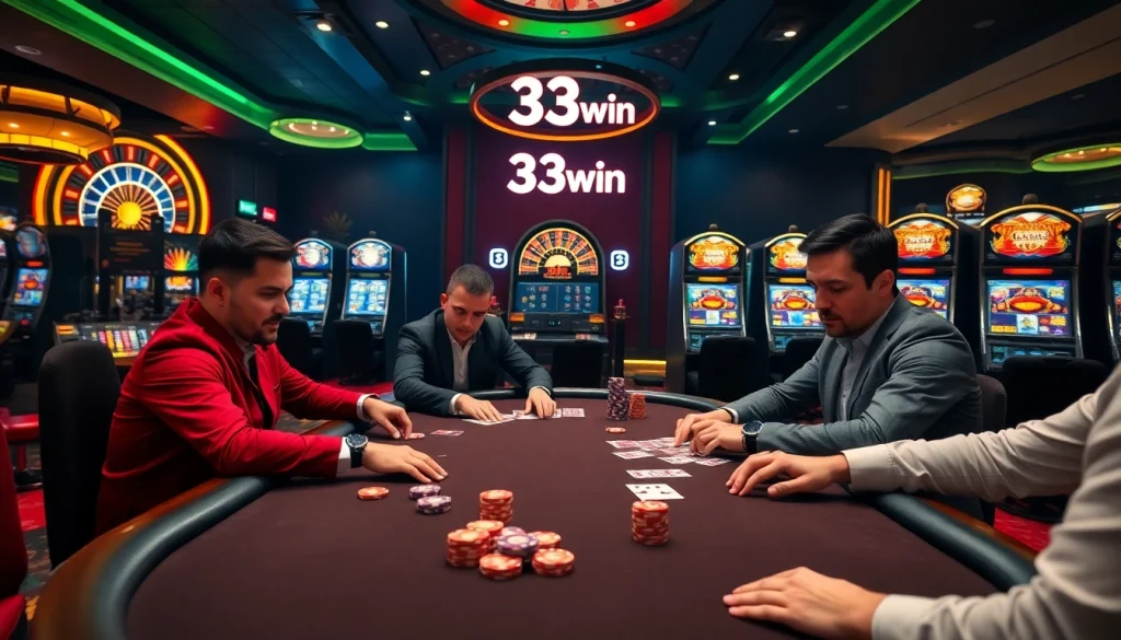 Professional poker players strategize at a casino table while engaging with 33win game elements.