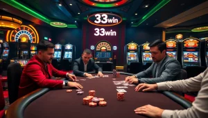 Professional poker players strategize at a casino table while engaging with 33win game elements.