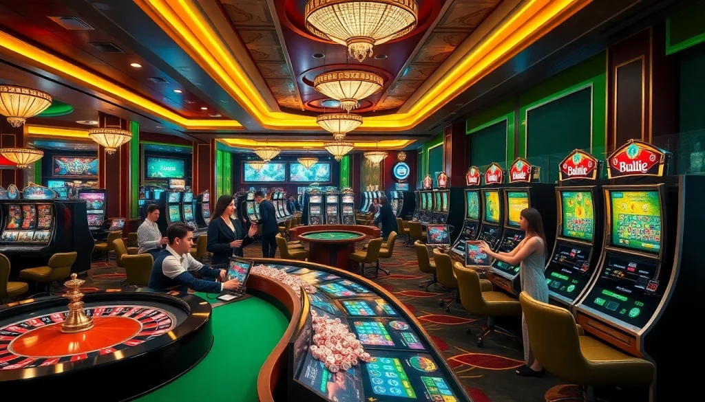 Xoso66 gamblers enjoying high-stakes action at a luxurious casino with colorful slot machines.
