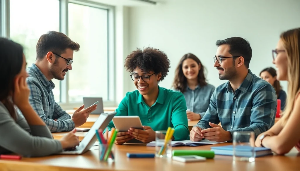 Students managing phon in school life while collaborating in a bright classroom.