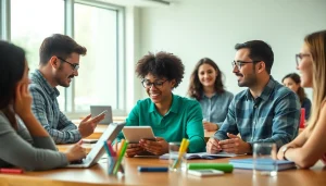 Students managing phon in school life while collaborating in a bright classroom.
