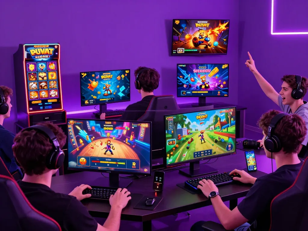 Players enjoying online games on multiple devices at mantra88, vibrant neon atmosphere with engaging game graphics.