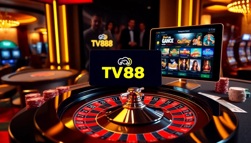 Engaging at a TV88 casino scene with roulette, poker chips, and an online gambling interface.