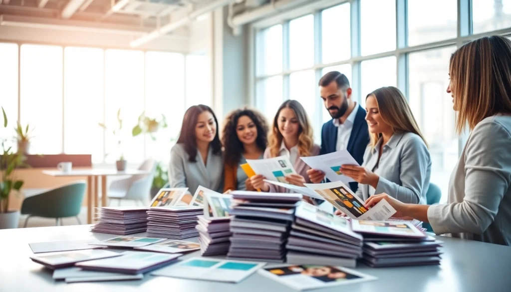 Apex Direct Mail team collaborating on innovative marketing strategies in a bright office setting.