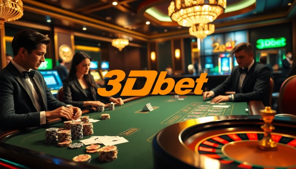 Exciting gaming scene at 3Dbet casino showcasing players engaged in poker and roulette under luxurious lighting.