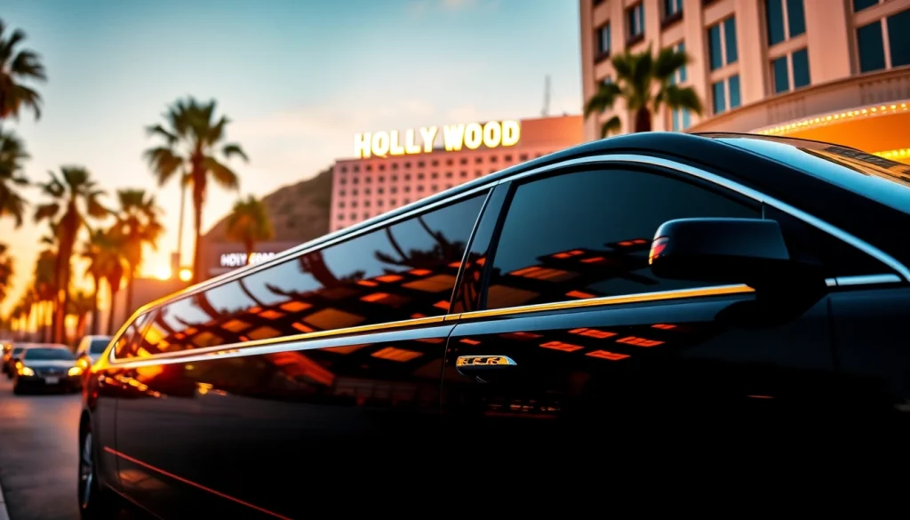 Hollywood Town Car and Limousine parked at a luxury hotel in Los Angeles, showcasing an elegant limousine at sunset.