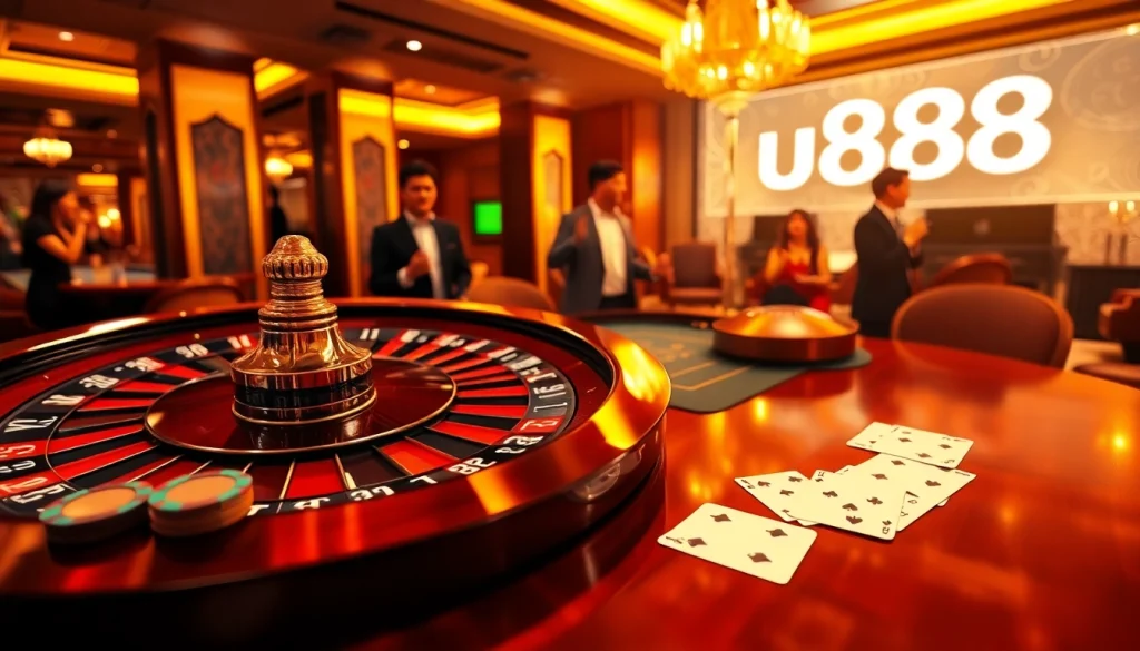 Experience the thrill of u888 with elegant poker chips and roulette in a luxurious casino.
