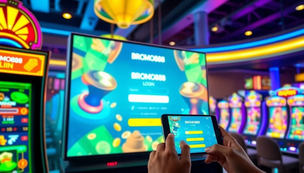 BROMO888 vibrant online gaming interface showcasing slot machines and user login experience.