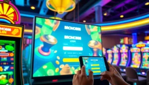 BROMO888 vibrant online gaming interface showcasing slot machines and user login experience.
