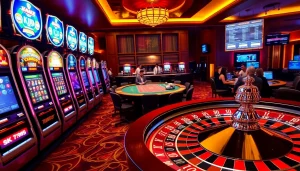 KJC players enjoying a vibrant casino experience at a luxurious gambling venue with poker tables and slot machines.