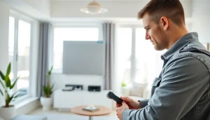 Technician servicing Trane Alberta heating unit in modern home setting.