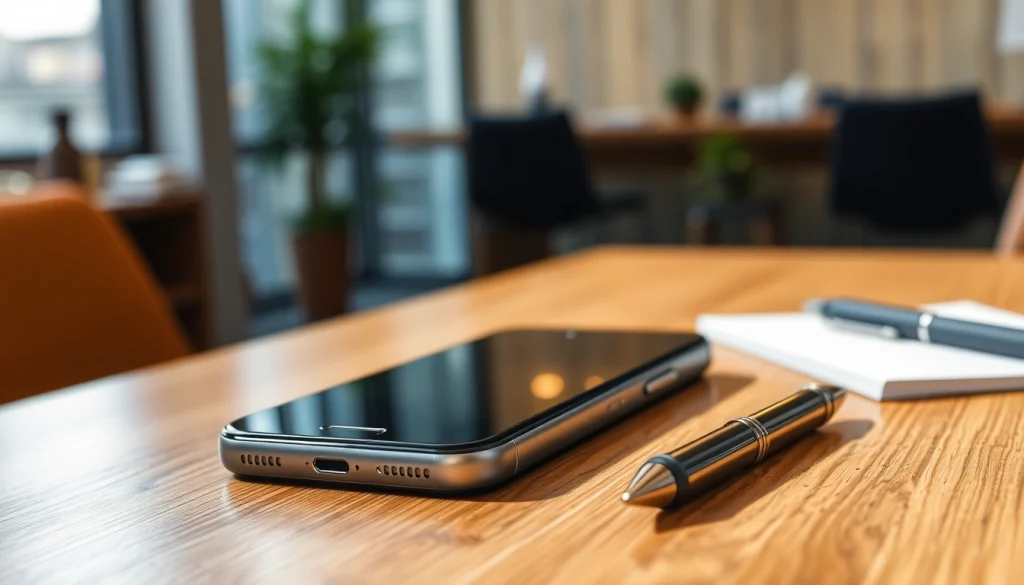 iPhone na eleganckim biurku z nowoczesnym otoczeniem, podkreślający jego design.