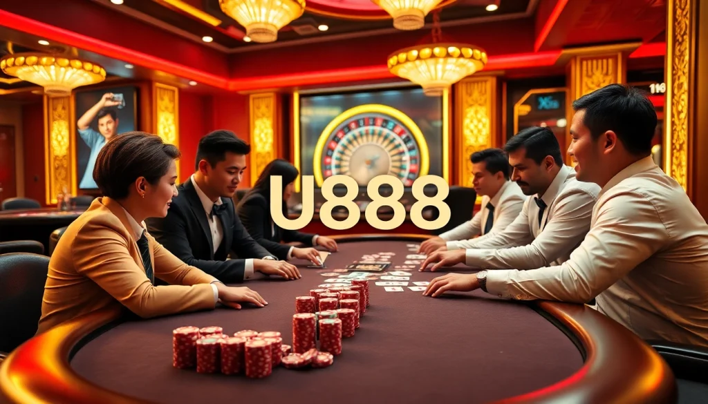 Experience thrilling U888 gaming moments at a luxurious casino table with intense poker action.