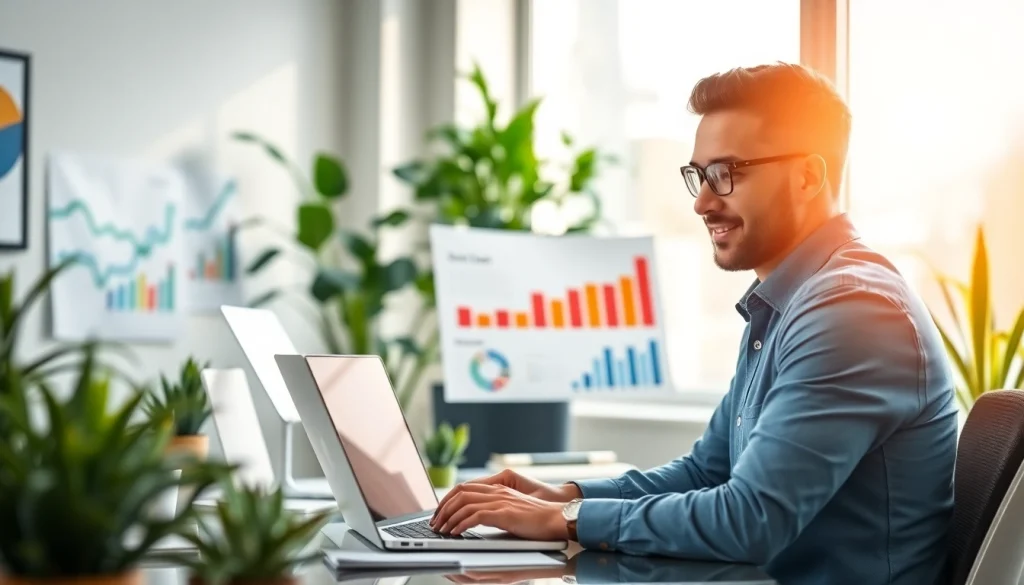 Технически грамотен специалист в дигиталния маркетинг, работещ на https://www.lunaro.bg в модерен офис.