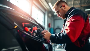 Repairing a car with ScuffDoc techniques, showcasing precision and professional tools.