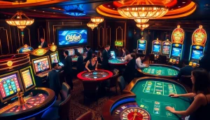 Experience the thrill of gaming at Okfun's luxurious casino with vibrant tables and machines.