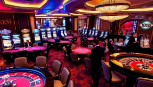 Engage in the excitement of KK55 casino games at luxurious tables with vibrant slot machines.