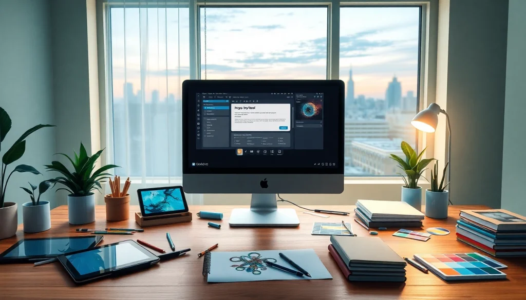 Image to prompt generator setup in a modern workspace with creative tools and city view.