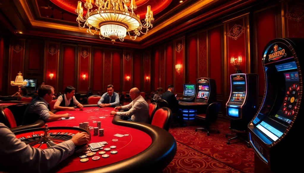 Une scène de casino en ligne époustouflante mettant en avant des joueurs à des tables de poker et une roulette tournante.