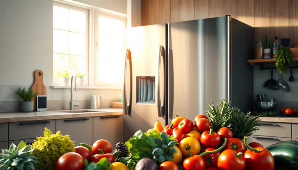 Refrigerator showcasing modern design with vibrant fruits in a well-lit kitchen.