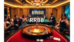 Experience the excitement of online gambling at RR88 with a vibrant casino scene showcasing roulette and card games.