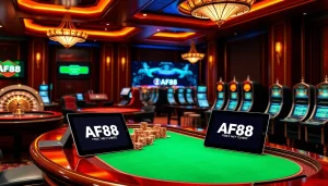Experience the thrill of AF88 at a luxurious online casino with vibrant gaming tables and dynamic gameplay.