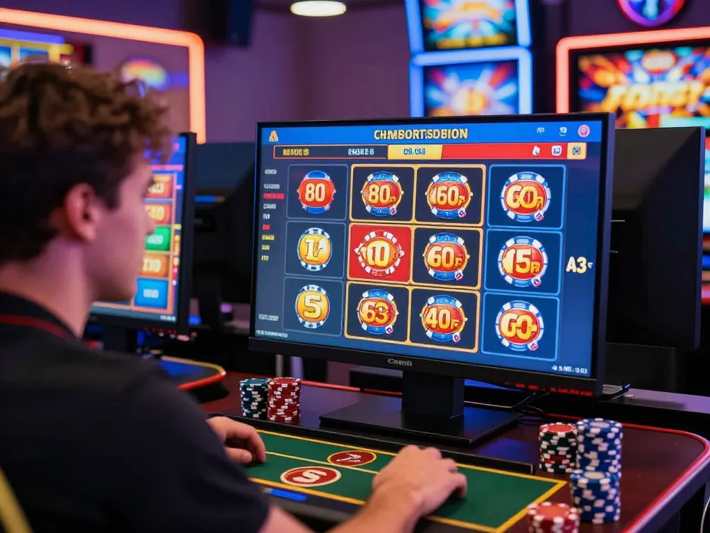 Engaged player at 23win online casino, surrounded by vibrant gaming graphics and poker chips, experiencing the thrill of live gameplay.