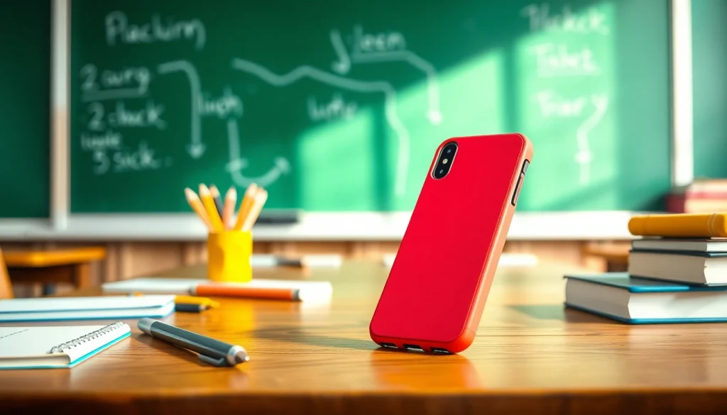 Handytasche Klassenzimmer für smartphones auf einem Schreibtisch mit Schulmaterialien arrangiert.