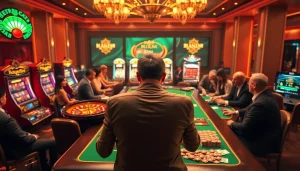 Experience the excitement of nhà cái C168 in this luxury casino scene with poker, roulette, and vibrant slot machines.