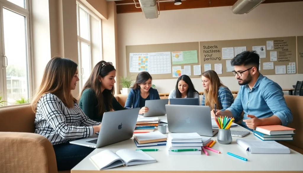 Engaged students seeking exam help in a collaborative study space filled with resources.